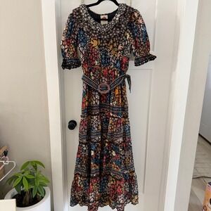 Farm Rio Jujus Garden Black Floral Maxi Dress Cotton Puff Sleeve Beaded Belt S